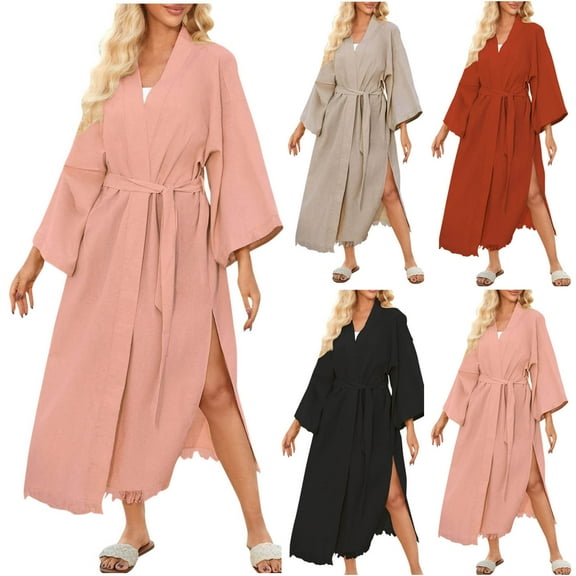 Taqqpue Women's Soft Robes Long Bath Robes Full Length Kimonos Sleepwear Dressing Gown, Beach Kimono Swimsuit Cover Up Tassel Trim Belted Long Beach Dress