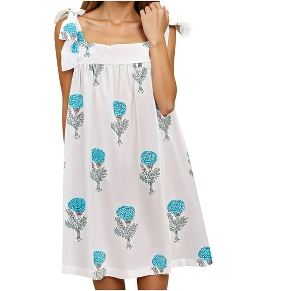 Taqqpue Women's Square Neck A-Line Sleeveless Mini Dress Summer Floral Print Tie Shoulder Cami Dress Flare Hem Boho Mini Dress Club Party Little Short Sundress