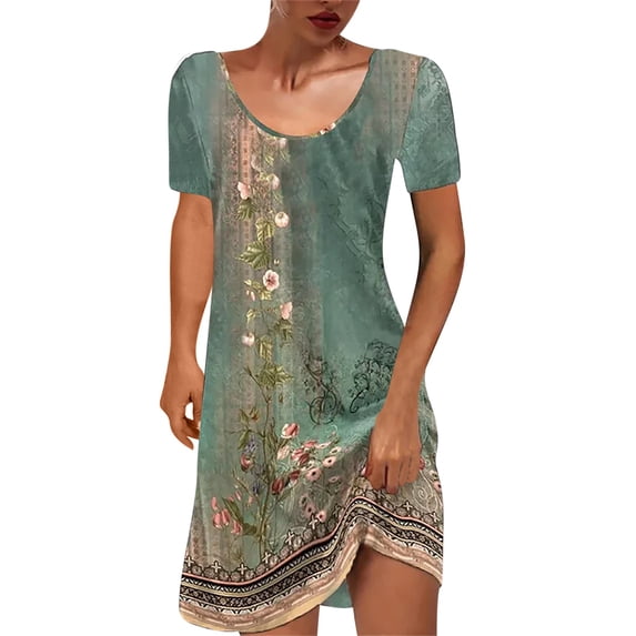Taqqpue Women's Summer Casual Floral Printed T-Shirt Dress Round Neck Short Sleeve Short Sundress Plus Size Loose Mini Boho Beach Dress