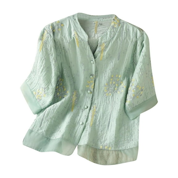 Taqqpue Women's Summer Cotton Linen Tops Embroidered Solid Color Short Sleeve Casual T-Shirt Loose Fit Half Sleeve Plus Size Blouse Tops for Women