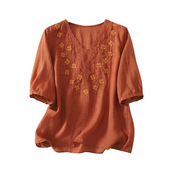 Taqqpue Women's Summer Cotton Linen Tops Embroidered Solid Color Short Sleeve Casual V Neck T-Shirt Loose Fit Half Sleeve Plus Size Blouse Tops for Women