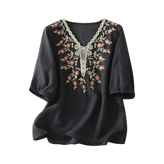 Taqqpue Women's Summer Cotton Linen Tops Embroidered Solid Color Short Sleeve Casual V Neck T-Shirt Loose Fit Half Sleeve Plus Size Blouse Tops for Women
