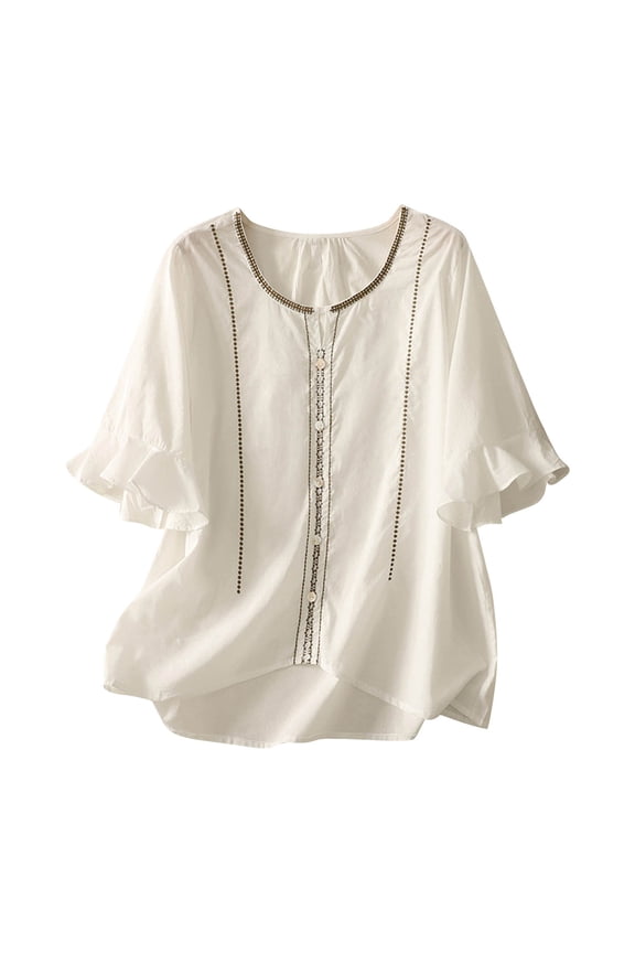 Women's Summer Cotton Linen Tops Solid Color Flutter Short Sleeve Casual Crew Neck Button T-Shirt Loose Fit Plus Size Blouse Tops for Women