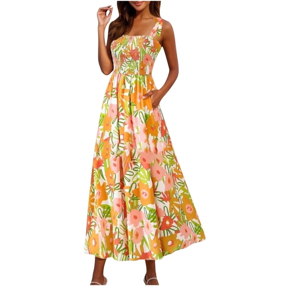 Taqqpue Women's Summer Dresses Boho Spaghetti Strap Sleeveless Square Neck Tie Shouder Casual Sundress Floral Printed Flowy A Line Mini Dress Beach Vacation Dresses