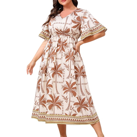 Taqqpue Women's Summer Dresses Crewneck Casual Flutter Short Sleeve Maxi Dresses Loose Fit Floral Vacation Sundress A-Line Beach Long Dress with Pockets