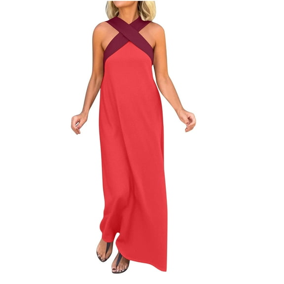 Taqqpue Women's Summer Dresses Halter Neck Sleeveless Flowy A Line Long Maxi Dress Crisscross Backless Wedding Guest Dresses