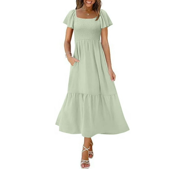 Taqqpue Women's Summer Dresses Loose Fit Casual Square Neck Solid Color Sundress Short Sleeve Maxi Dresses Flowy Long A-Line Beach Dress with Pockets