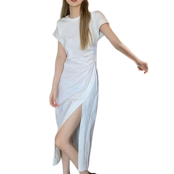 Taqqpue Women's Summer Dresses Short Sleeve Crewneck White Black Dress Split Casual Maxi Evening Party Cocktail Dresses