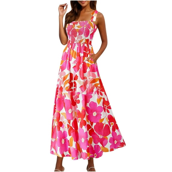 Taqqpue Women's Summer Dresses Sleeveless Boho Floral Maxi Dress Square Neck Smocked Tiered A Line Dresses Causal Floral Holiday Dress Summer Long Beach Sundress