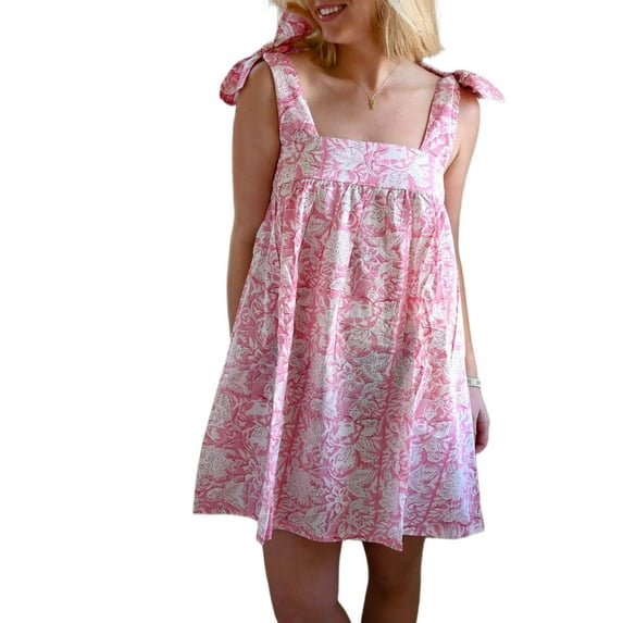 Taqqpue Women's Summer Floral Print Tie Shoulder Cami Dress Casual Square Neck Sleeveless Mini Dress Flare Hem Boho A-Line Mini Dress Club Party Little Short Sundress