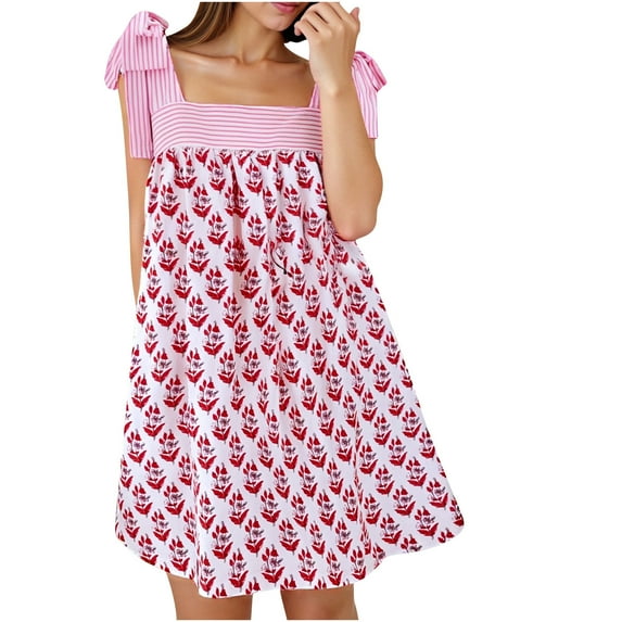 Taqqpue Women's Summer Floral Print Tie Shoulder Cami Dress Casual Square Neck Sleeveless Mini Dress Flare Hem Boho A-Line Mini Dress Club Party Little Short Sundress