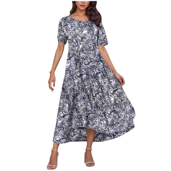 Taqqpue Women's Summer Maxi Dresses Short Sleeve Boho Floral Crew Neck Dress Summer Casual Flowy A Line Beach Dresses Long Sundress for Holiday