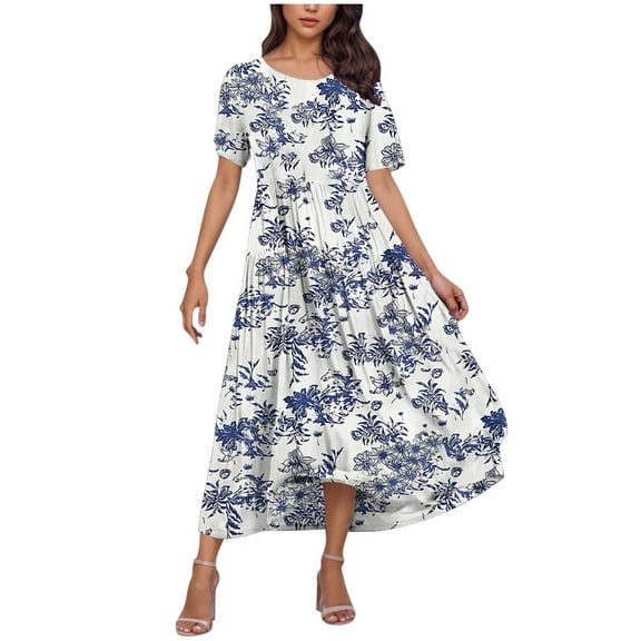Taqqpue Women's Summer Maxi Dresses Short Sleeve Boho Floral Crew Neck Dress Summer Casual Flowy A Line Beach Dresses Long Sundress for Holiday
