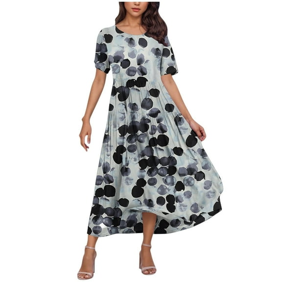 Taqqpue Women's Summer Maxi Dresses Short Sleeve Boho Floral Crew Neck Dress Summer Casual Flowy A Line Beach Dresses Long Sundress for Holiday