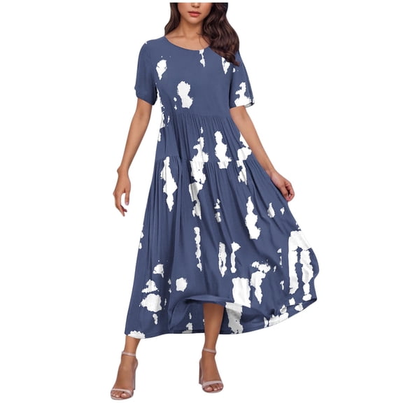 Taqqpue Women's Summer Maxi Dresses Short Sleeve Boho Floral Crew Neck Dress Summer Casual Flowy A Line Beach Dresses Long Sundress for Holiday