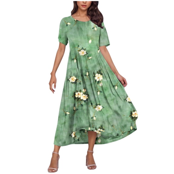 Taqqpue Women's Summer Maxi Dresses Short Sleeve Boho Floral Crew Neck Dress Summer Casual Flowy A Line Beach Dresses Long Sundress for Holiday