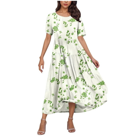 Taqqpue Women's Summer Maxi Dresses Short Sleeve Boho Floral Crew Neck Dress Summer Casual Flowy A Line Beach Dresses Long Sundress for Holiday