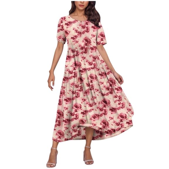 Taqqpue Women's Summer Maxi Dresses Short Sleeve Boho Floral Crew Neck Dress Summer Casual Flowy A Line Beach Dresses Long Sundress for Holiday