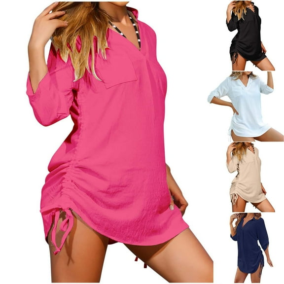 Taqqpue Women's Summer Mini T Shirt Dresses V Neck Button 1/2 Sleeve Casual Drawstring Cotton Linen Tunic Summer Dress Vacation Beach Cover Ups Dress