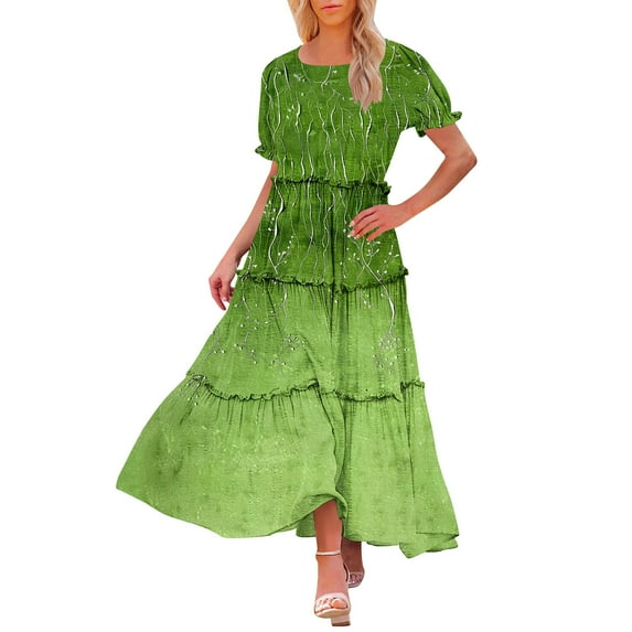 Taqqpue Women's Summer Plus Size Boho Floral Dress Crew Neck Short Sleeve Long Maxi Dresses Casual Beach Vacation Sundress Elastic Waist Tiered Ruffle Hem A Line Cake Dresses