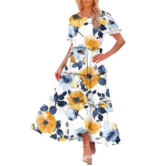 Taqqpue Women's Summer Plus Size Boho Floral Dress Crew Neck Short Sleeve Long Maxi Dresses Casual Beach Vacation Sundress Elastic Waist Tiered Ruffle Hem A Line Cake Dresses