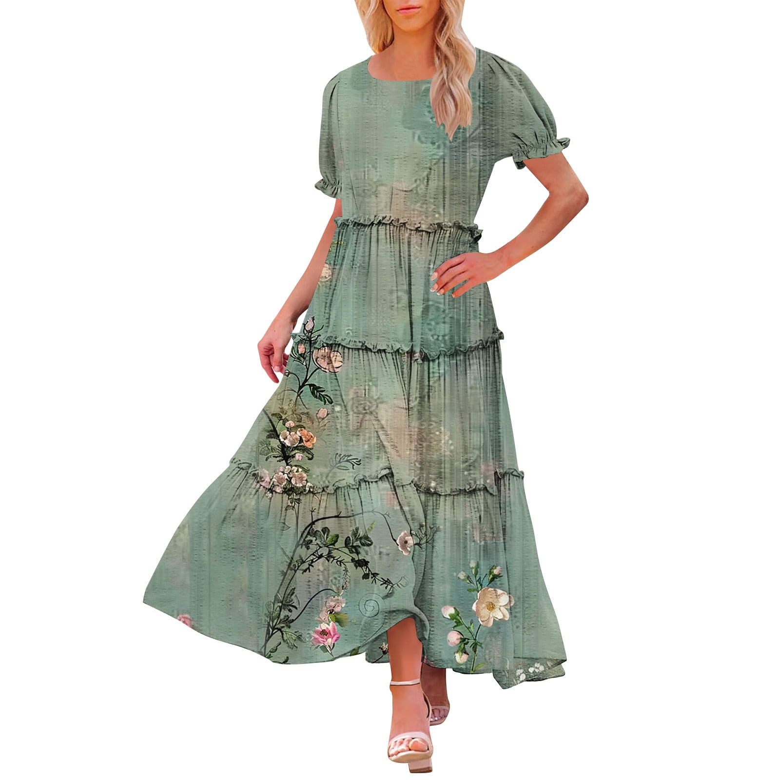 casual long plus size dresses Maxi Dress Square Neck-Pink&White Flower front length 58.1 in Plus Size Semi Formal Maxi