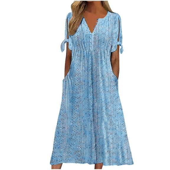 Taqqpue Women's Summer Plus Size Dresses Boho Floral V Neck Button Maxi Dress Flowy Swing Loose A Line Short Sleeve Holiday Dress Summer Casual Long Beach Sundress for Vacation