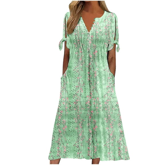 Taqqpue Women's Summer Plus Size Dresses Boho Floral V Neck Button Maxi Dress Flowy Swing Loose A Line Short Sleeve Holiday Dress Summer Casual Long Beach Sundress for Vacation