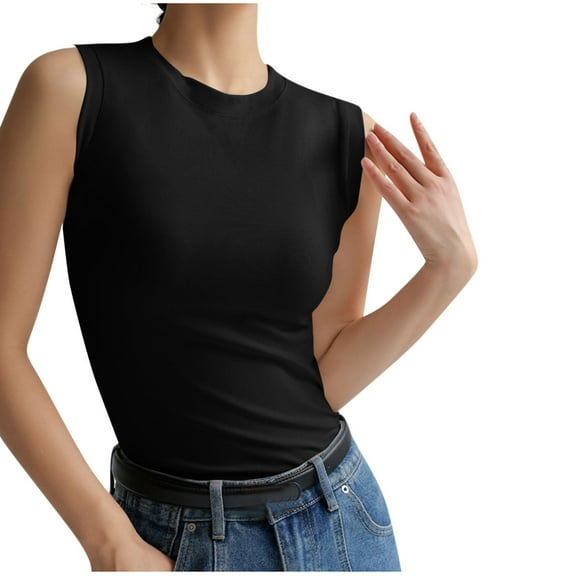 Taqqpue Women's Summer Tank Tops Sleeveless Crew Neck Blouse Cotton Solid Slim Fit Casual T Shirt Trendy Basic Going Out Shirts