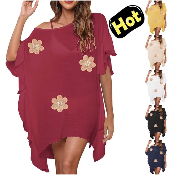 Taqqpue Women's Swimsuit Bikini Beach Swimwear Crochet Cover Up Solid Color Kaftan Caftan Beach Dress Bathing Suit for Women