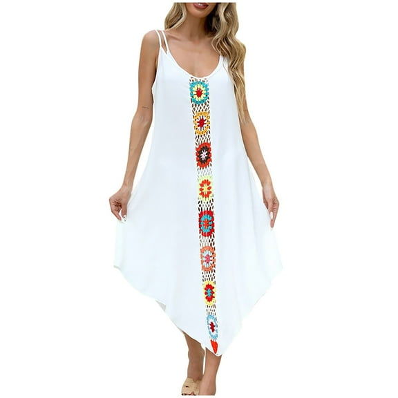 Taqqpue Women's Swimsuit Coverup Spaghetti Strap Scoop Neck Sleeveless Bathing Suit Embroidery Loose Beach Vacation Swimwear