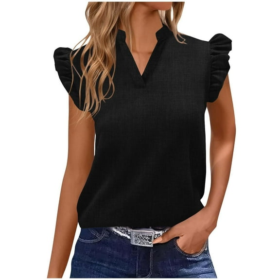 Taqqpue Women's Tank Tops Solid Color V Neck Ruffle Cap Sleeve Summer Blouse Shirts Loose Fit Plus Size Sleeveless T Shirts