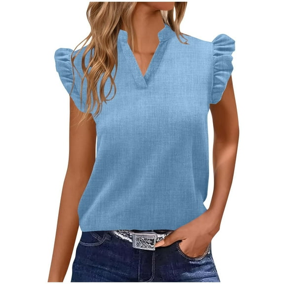 Taqqpue Women's Tank Tops Solid Color V Neck Ruffle Cap Sleeve Summer Blouse Shirts Loose Fit Plus Size Sleeveless T Shirts