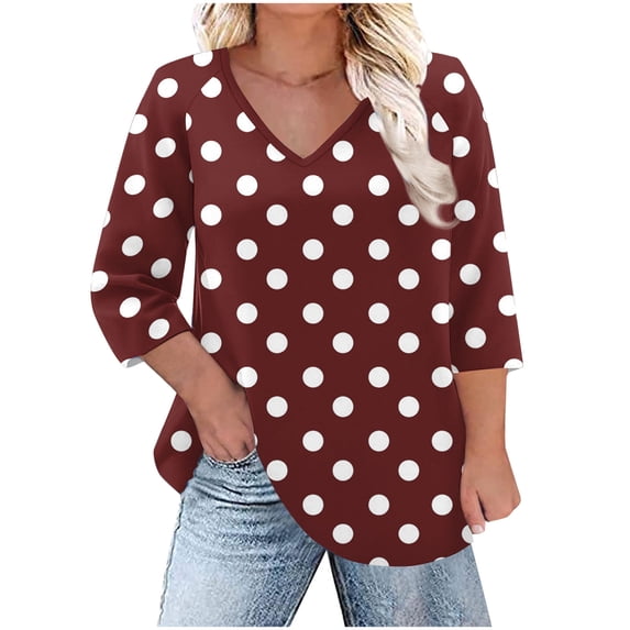 Taqqpue Women's V Neck 3/4 Sleeve T Shirts Fall Dot Printed Dressy Casual Basic Tees Flowy Plus Size Blouses Tops for Women