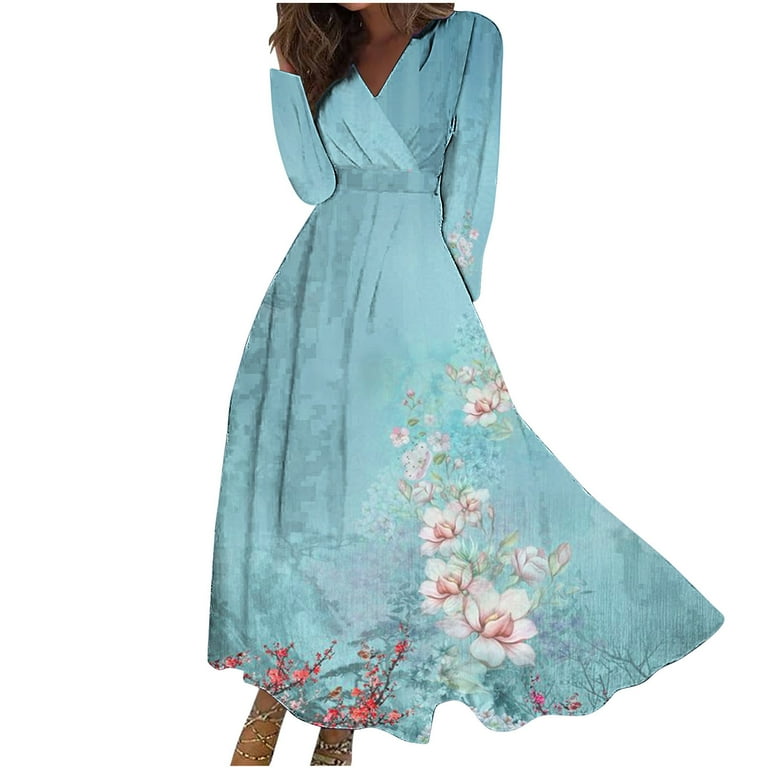 Taqqpue Women's V-Neck Floral Maxi Dress Casual Long Sleeve