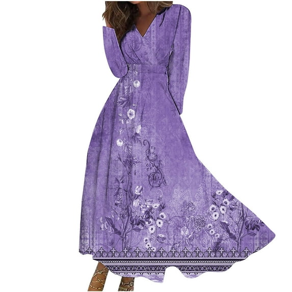 Taqqpue Women's V-Neck Long Sleeve Floral Maxi Dress Casual Long Evening Dress A-Line Flowy Empire Waist Fall Winter Party Cocktail Dress Wedding Guest Dresses for Women