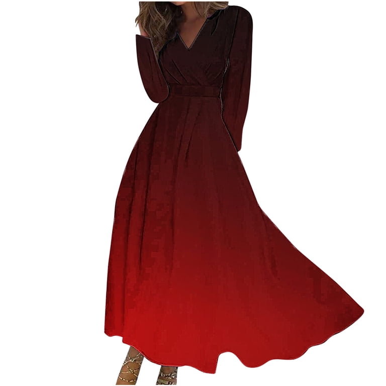 Taqqpue Women's V-Neck Long Sleeve Maxi Dress Casual Gradiant Color Long Evening  Dress A-Line Flowy Empire Waist Fall Winter Party Cocktail Dress Wedding  Guest Dresses for Women - Walmart.com