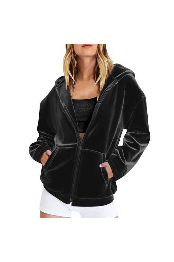 Women's Velvet Hoodies Casual Solid Color Hooded Jacket Comfy Soft Long Sleeve Plus Size Oversized Sweatshirt Outerwear with Pockets