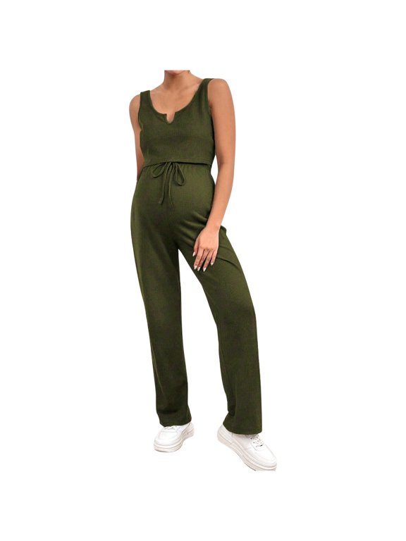 Women's Waffle Maternity 2 Piece Outfits Set Tank Top Sleeveless V Neck Crop Loose Tee Shirt and Pants Pregnancy Lounge Set