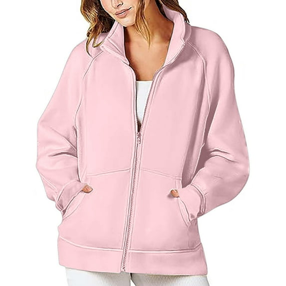 Taqqpue Women's Zip up Winter Jacket Oversized Sweatshirt Stand Collar Running Sweatshirt Athletic Track Jacket Long Sleeve Shirts Hiking Outdoor Casual Loose Winter Warm Coats Outwear with Pockets