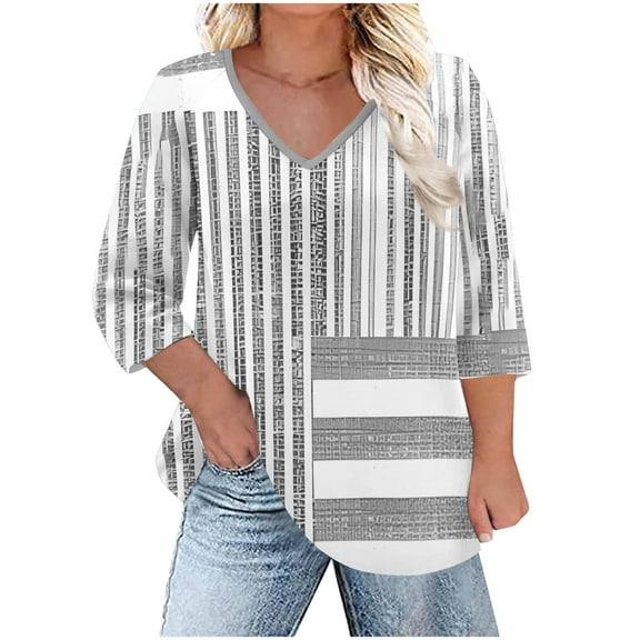 Taqqpue Womens 3/4 Length Sleeve Shirts Summer V Neck Tunic tops Casual Dressy Blouse Floral Printed Plus Size T Shirts