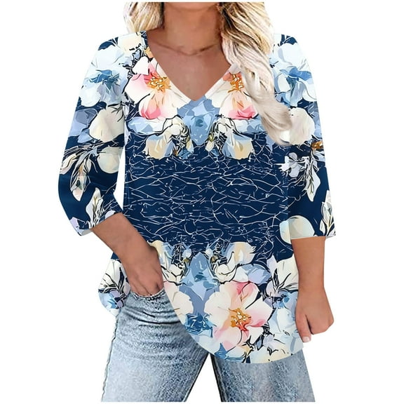 Taqqpue Womens 3/4 Length Sleeve Shirts Summer V Neck Tunic tops Casual Dressy Blouse Floral Printed Plus Size T Shirts