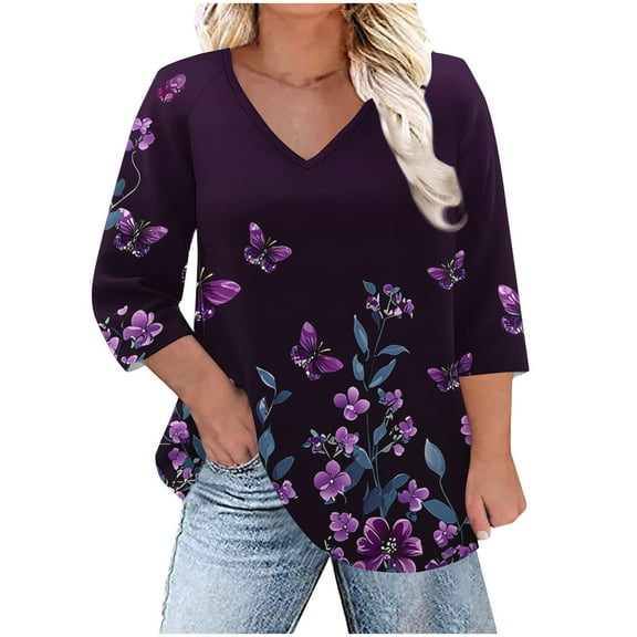 Taqqpue Womens 3/4 Length Sleeve Shirts Summer V Neck Tunic tops Casual Dressy Blouse Floral Printed Plus Size T Shirts