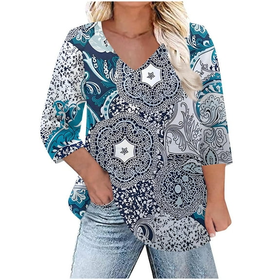 Taqqpue Womens 3/4 Length Sleeve Shirts Summer V Neck Tunic tops Casual Dressy Blouse Floral Printed Plus Size T Shirts