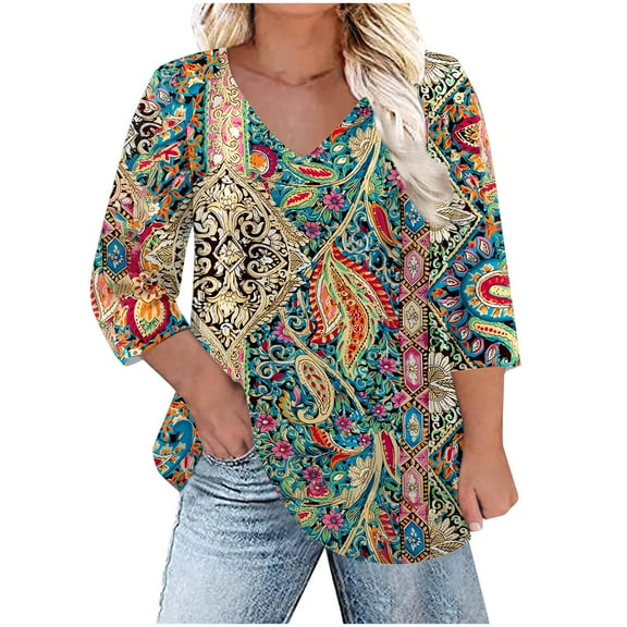 Taqqpue Womens 3/4 Length Sleeve Shirts Summer V Neck Tunic tops Casual Dressy Blouse Floral Printed Plus Size T Shirts