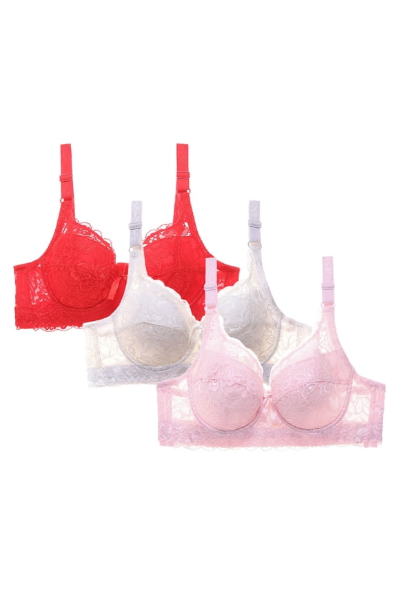 Womens 3-Pack Lace Seamless Push Up Bras No Underwire Full Coverage Comfortable Plus Size Bra V Neck Bralettes Wireless Everyday Bra S-4XL