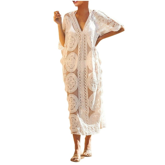 Taqqpue Womens Bathing Suit Cover Up Casual 3/4 Sleeve Mesh Swimsuit Coverup Loose Fit Long Floral Beach Lace Summer Maxi Dress
