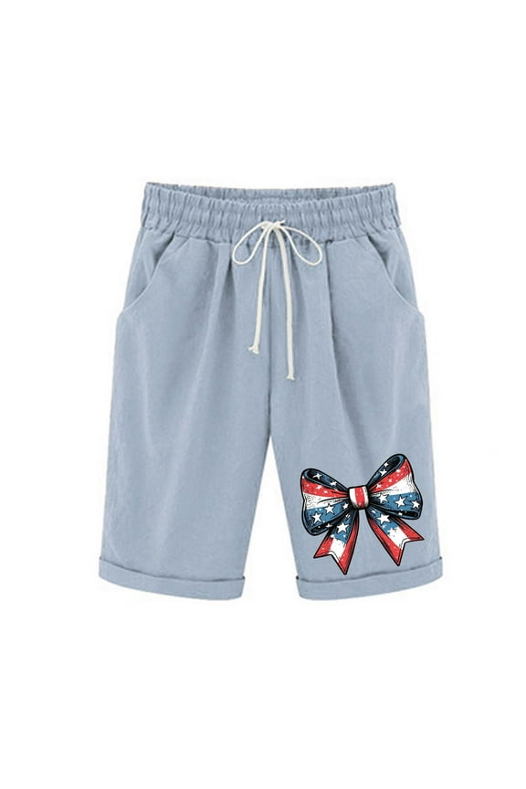 Womens Bermuda Shorts Independence Day USA Printed Shorts High Elastic Waisted Drawstring Shorts Casual Knee Length Long Shorts Summer Lounge Shorts for Women