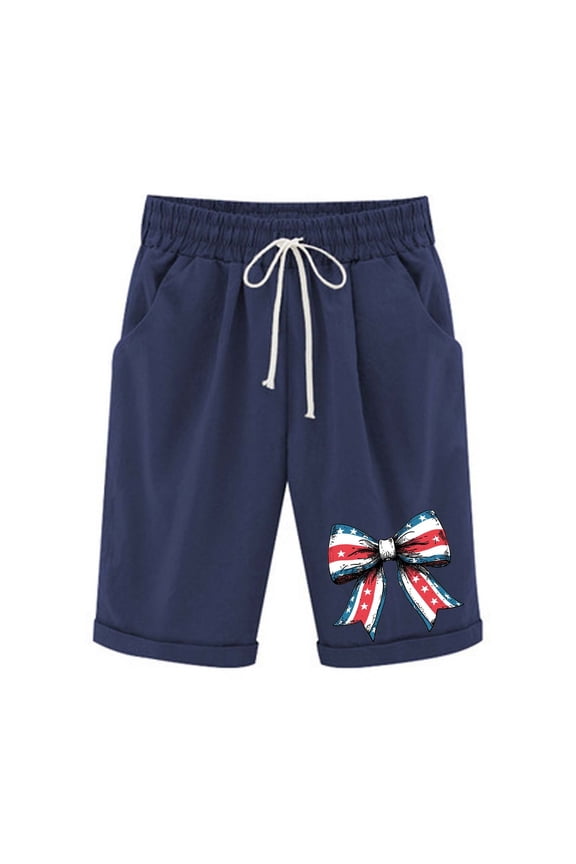 Womens Bermuda Shorts Independence Day USA Printed Shorts High Elastic Waisted Drawstring Shorts Casual Knee Length Long Shorts Summer Lounge Shorts for Women