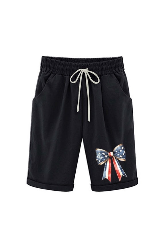 Womens Bermuda Shorts Independence Day USA Printed Shorts High Elastic Waisted Drawstring Shorts Casual Knee Length Long Shorts Summer Lounge Shorts for Women